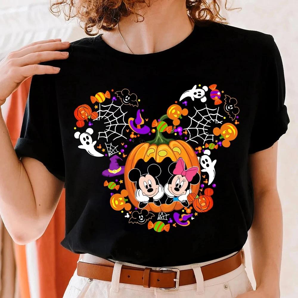 Mickey And Minnie In Pumpkin Happy Halloween Spooky Black Tshirt S