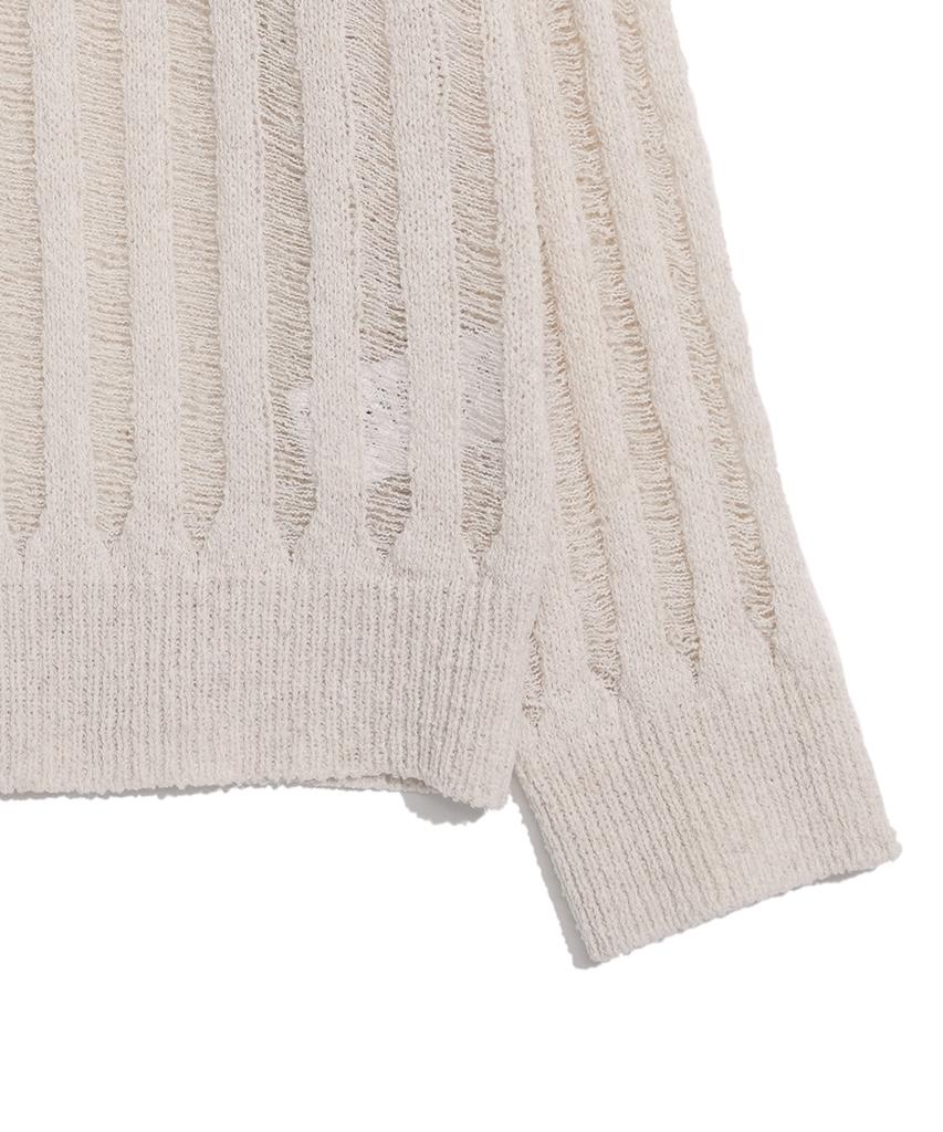 HARDCORE HAPPINESS Damaged Slit V-Neck Knit Top_Ivory