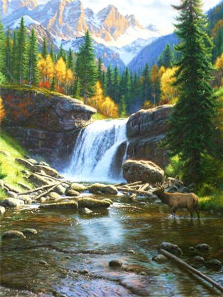 Hel kvadratisk/rund diamantmaling Landskap 5D DIY diamantbroderisalg Foss Rhinestones Mosaikkveggkunst