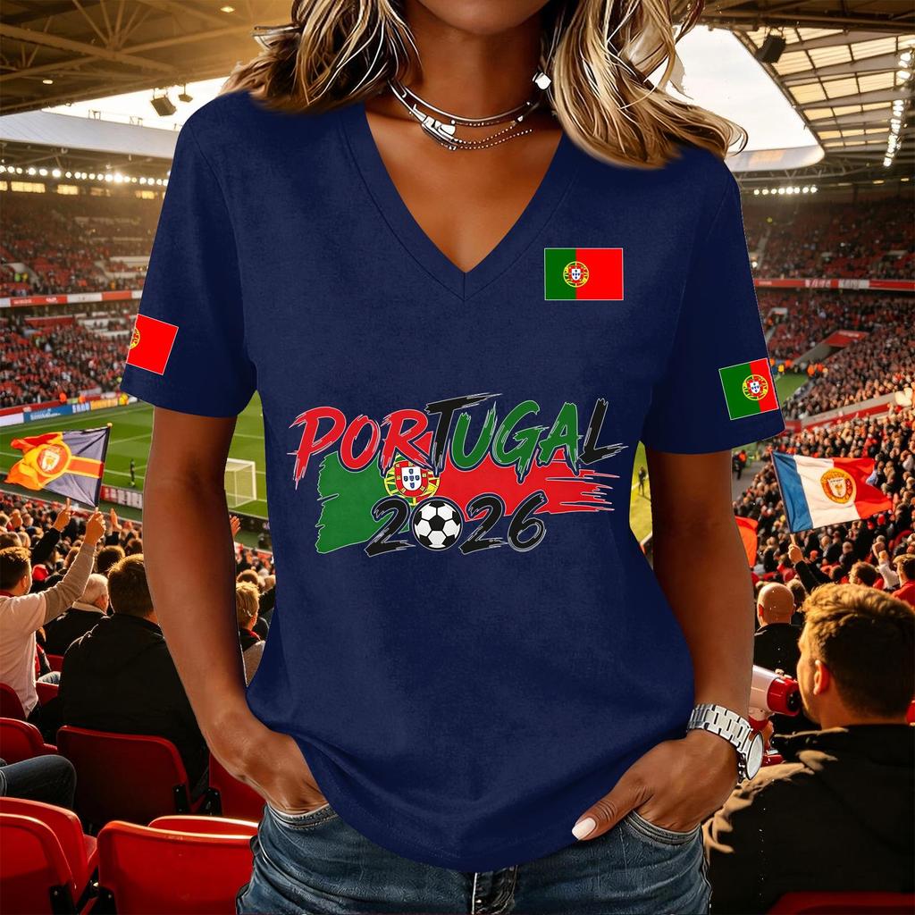 Women's Casual V Neck Short Sleeve Pullover Top with Soccer Flag Print Portugal 2026 Support Shirt for Fans and Sports Events