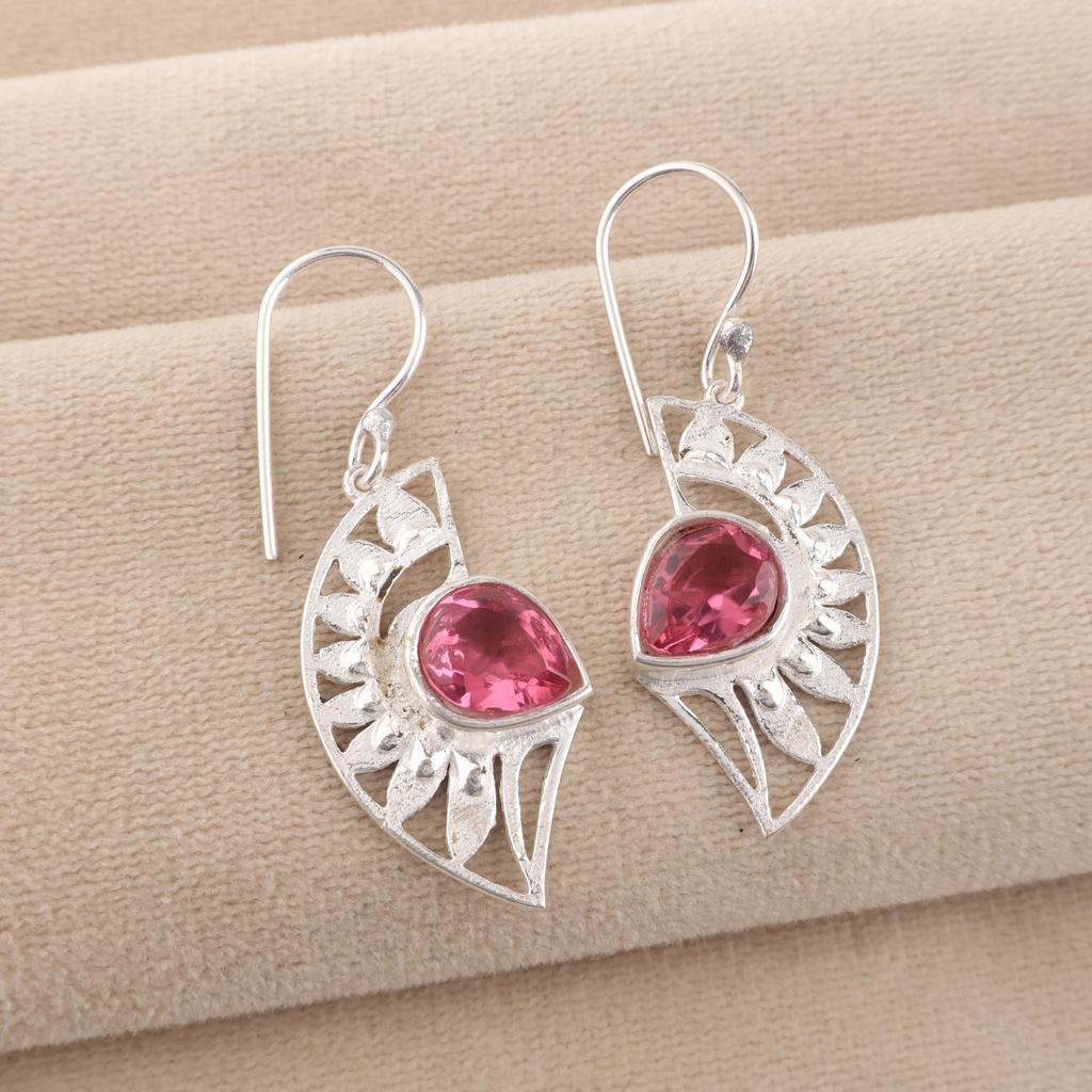 Pink Tourmaline Gemstone 925 Sterling Silver Women Jewelry Partywear Earring 1.5" For Gift CE-26-9