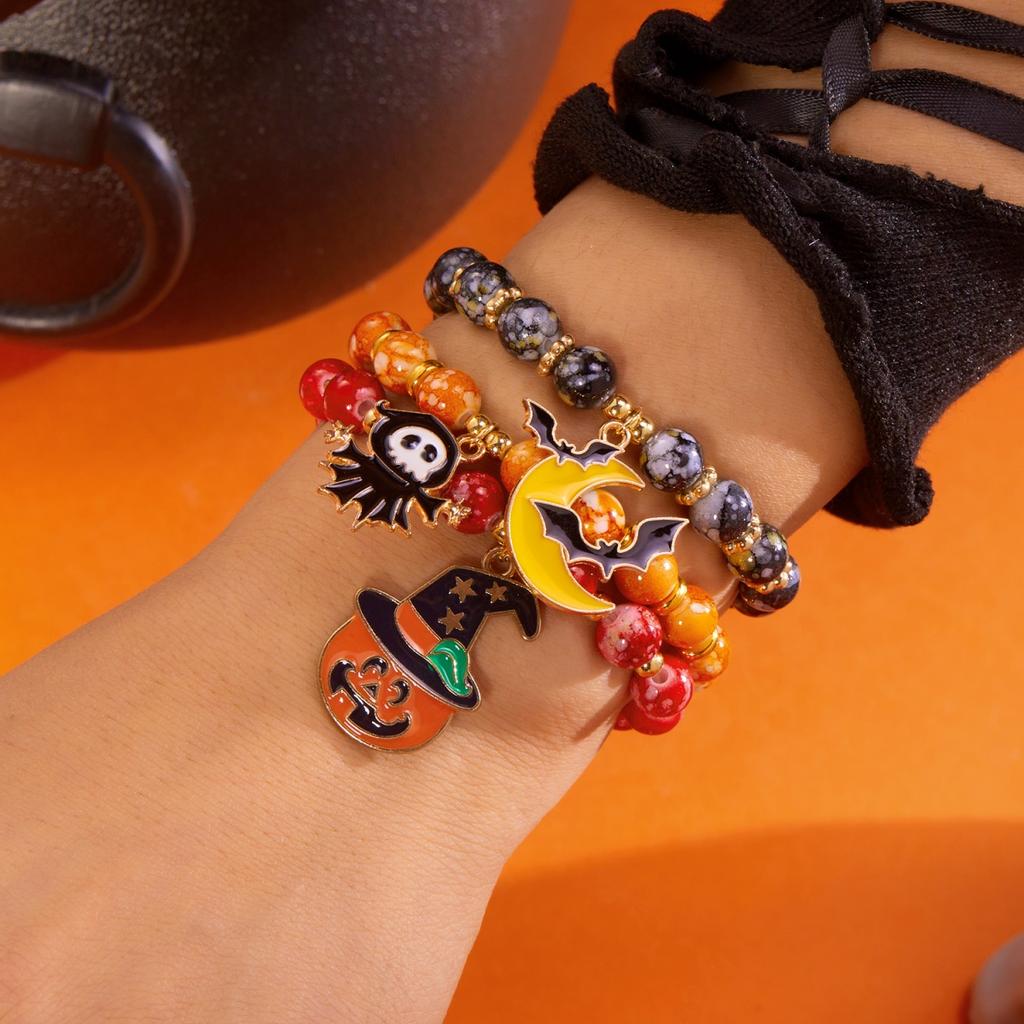 Halloween Ghost Black Cat Pumpkin Bat Moon Charm Multi-Layer Print Beaded Bracelet Gothic Boho Party Jewelry Gift For Women Men