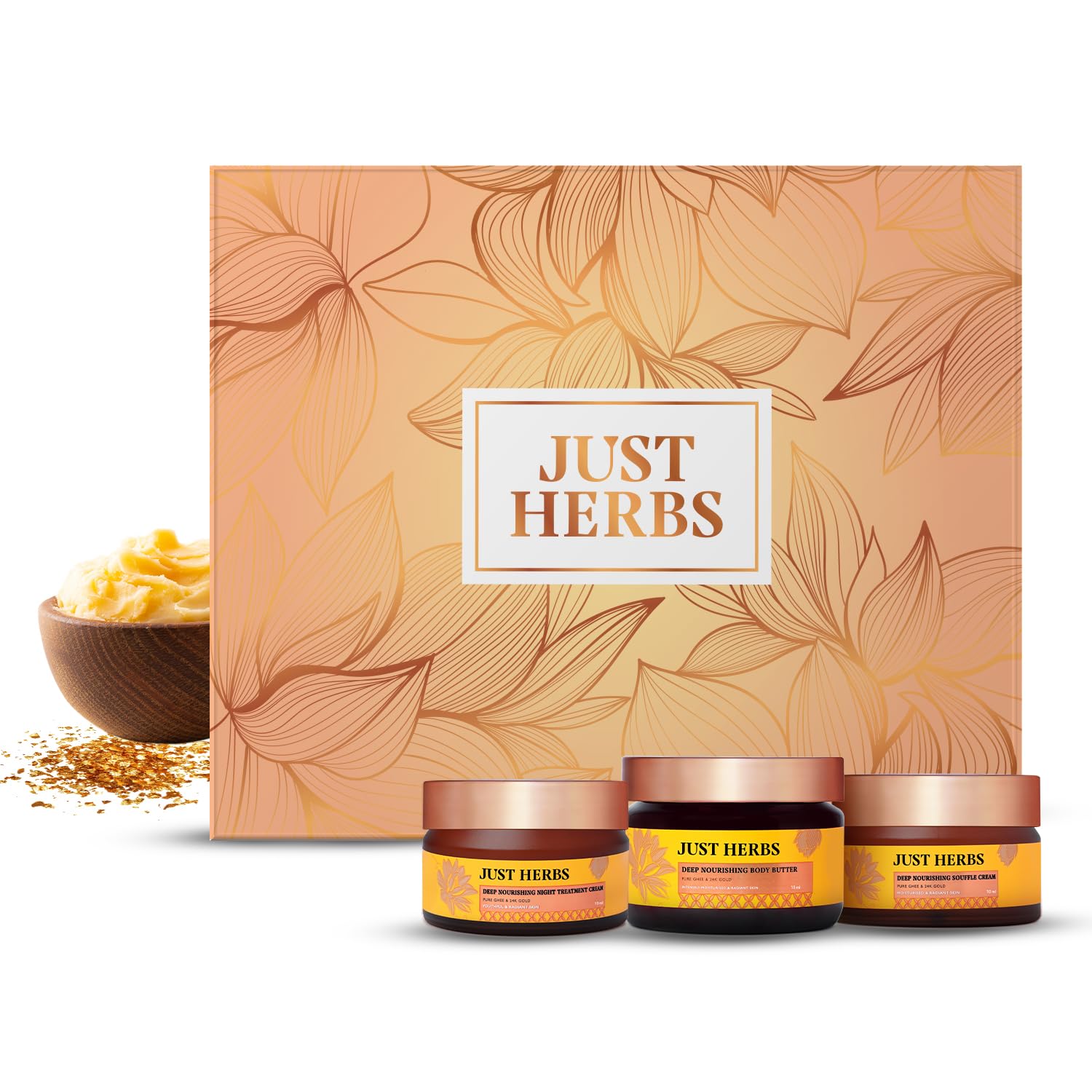 

Just Herbs Golden Nourish Gift Set | Gifts for Her | 24K Gold & Pure Ghee Ritual - Set of 3
