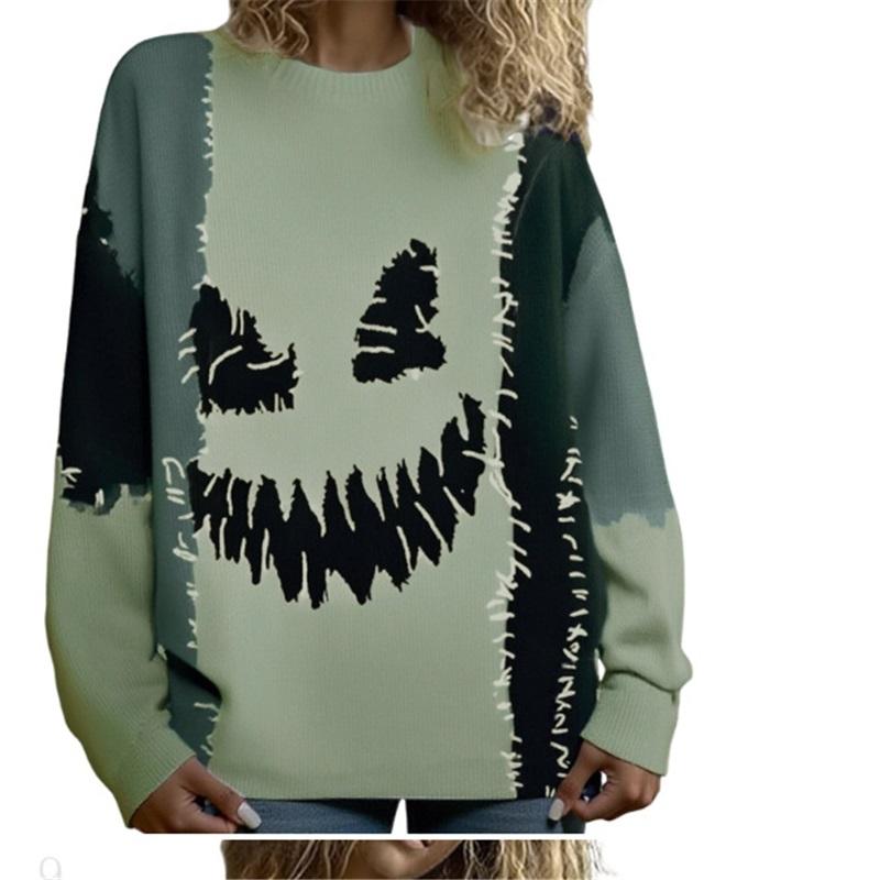 Women Crew Neck Loose Pullover Halloween 3D Digital Print Long Sleeve Casual Sweatshirt