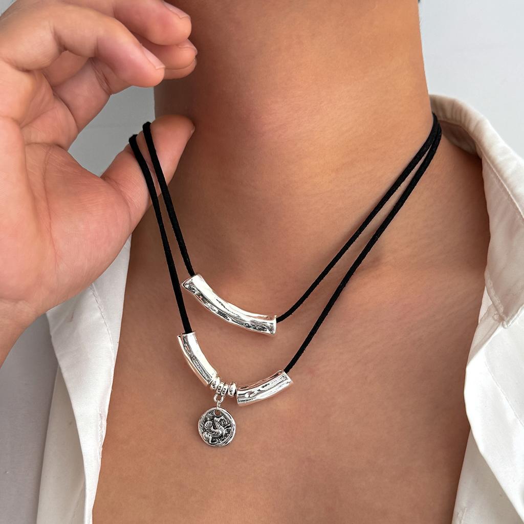 PuRui Fashion 2Pcs/Set Black Simple Korean Velvet Alloy Necklace Adjustable Rope Chain Men Daily Y2K Zircon Accessories Gift