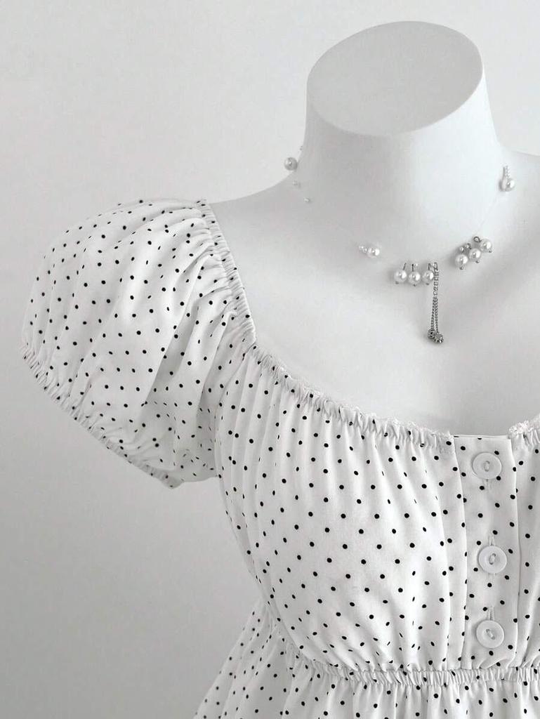 Summer 2026 Women's Polka Dot Puff Sleeve French Square Neck Slim Waist Top