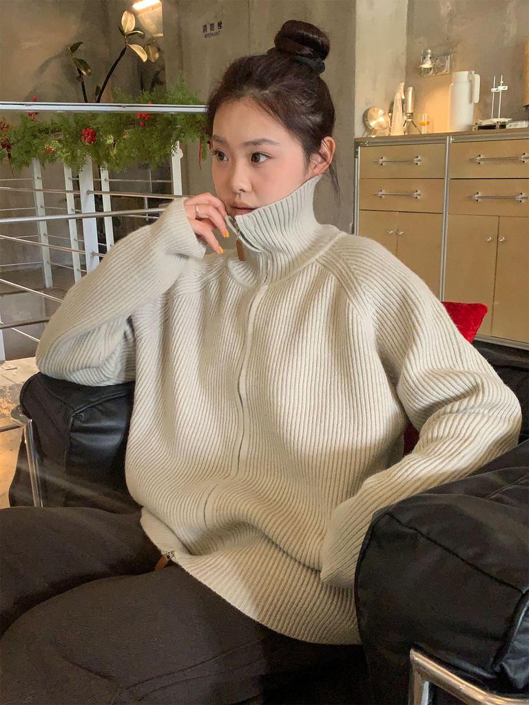 Women's Plus Size Elegant Double Zipper Stand Collar Sweater - Casual Winter Fashion Korean Style Outerwear