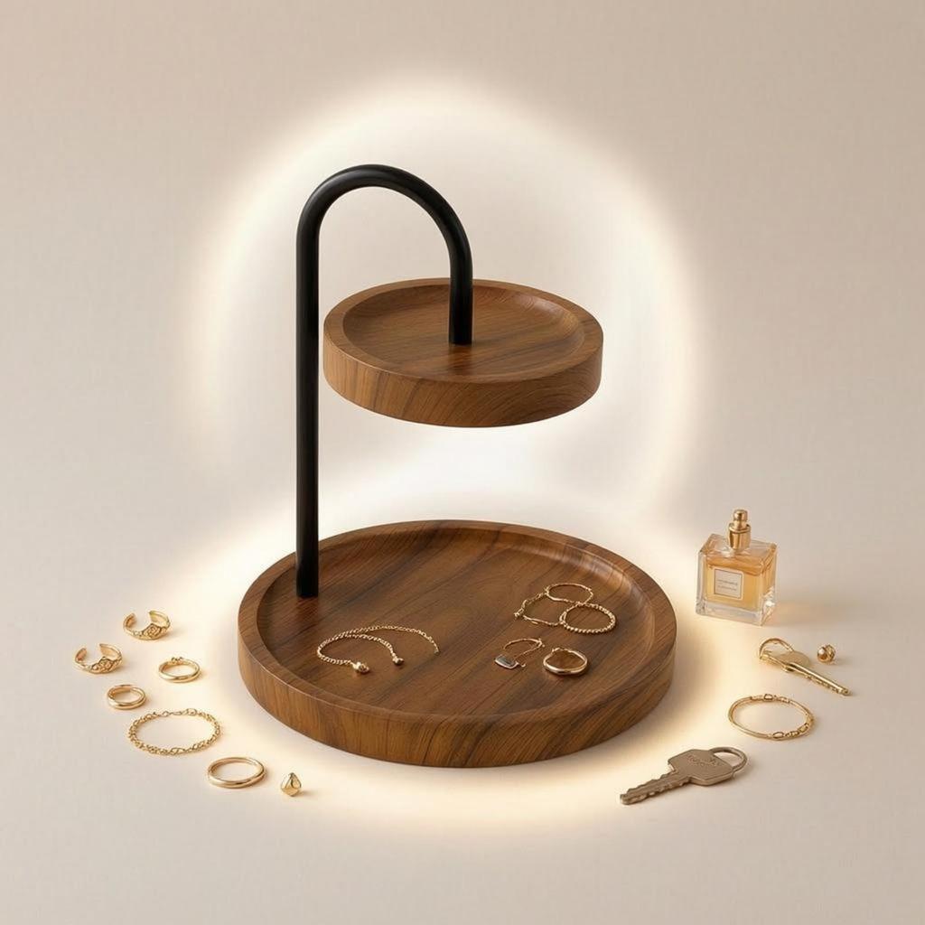 TwoTier Tabletop Rack WoodGrain Finish Round Storage Black Metal Countertop Organizer for