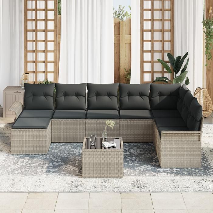 VidaXL Ensemble de Canapé de Jardin 9 Pièces avec Coussins en Gris Poly Rotin 3345492