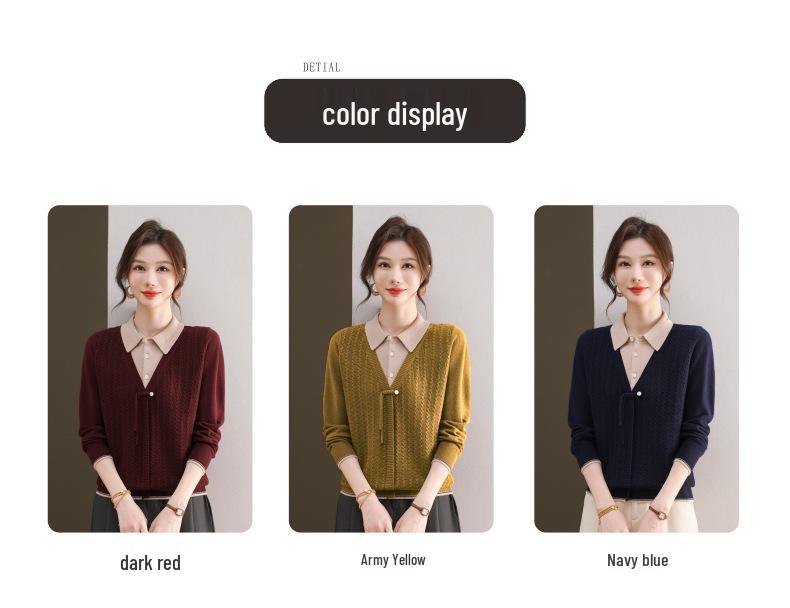 2025 Fashionable Mom's Knitted Two-Piece Look Lapel Sweater - Long-Sleeve Top for Middle-Aged Women, Perfect for Spring & Autumn