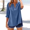Women's Fashion Loose Standing Collar Button Split Cotton Linen Seven Sleeve T-Shirt Top
