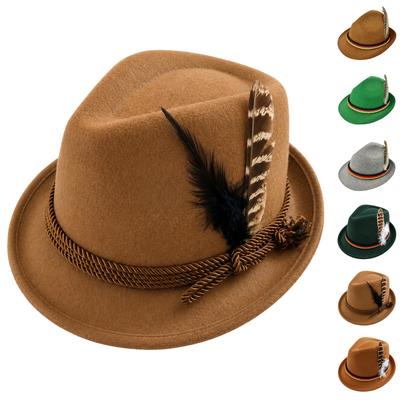 Filz Fedora Hut mit dekorativem Feder und geflochtenem Band Traditioneller Stil Geeignet für Oktoberfest und Themenveranstaltungen Unisex Design