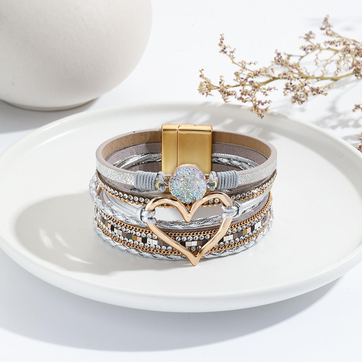 

Кожаный браслет Love Heart для женщин, богемный браслет со стразами и смолой, ювелирный аксессуар золотой/серебряный