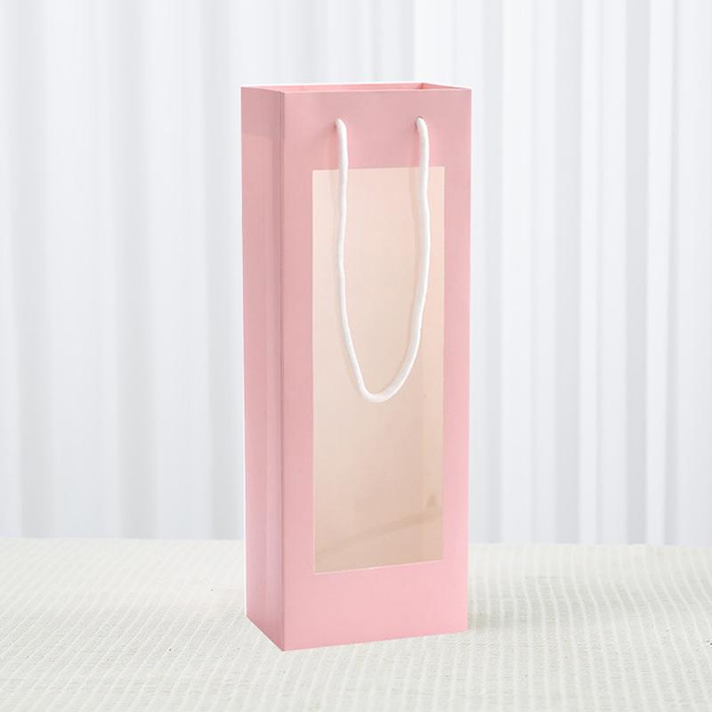 Stil Einzelne Rote Weintragetasche Fenster Transparentes PVC Kraftpapier Blume Puppe Rechteckige Geschenkverpackungstasche