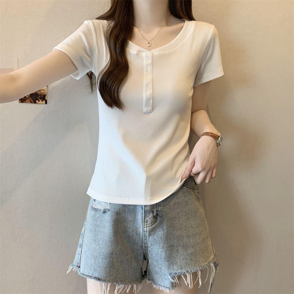 

Корейская минималистичная футболка с коротким рукавом на пуговицах для женщин - 2025 Шикарный приталенный дизайн M белый