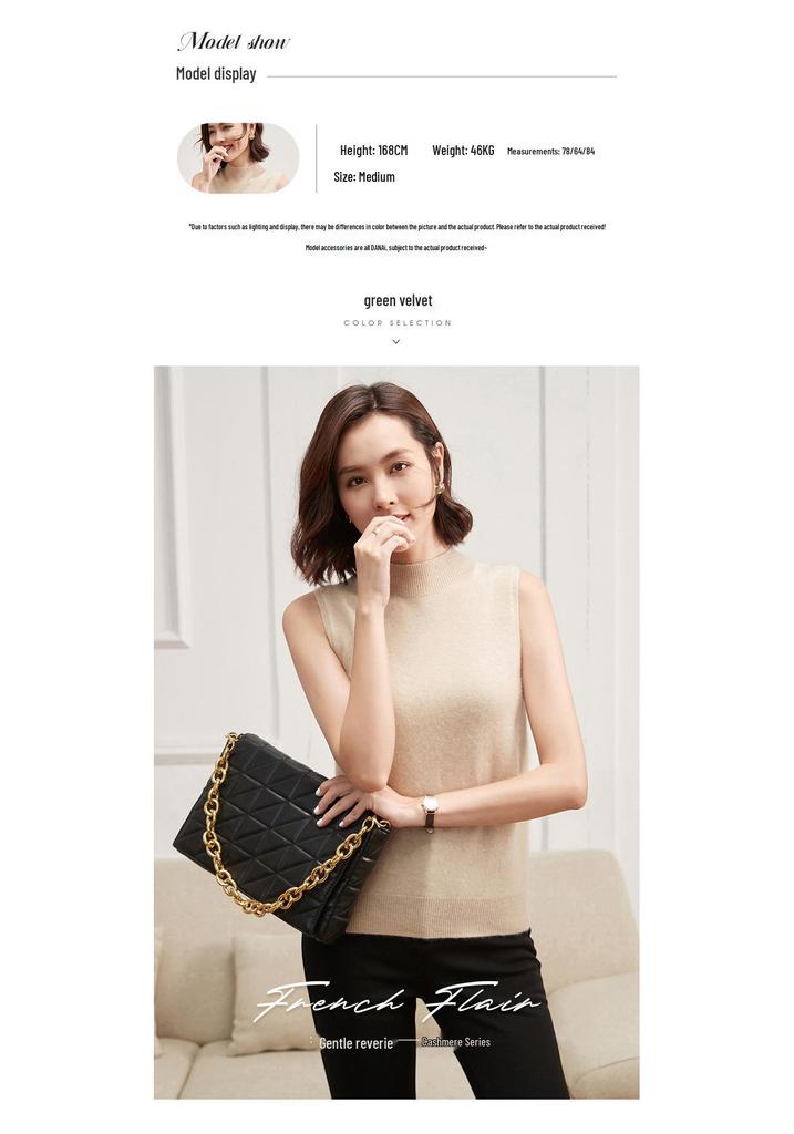 Women's Cashmere Sleeveless Vest - Autumn/Winter, Half-High Collar, Solid Color, Seamless Knit Pullover