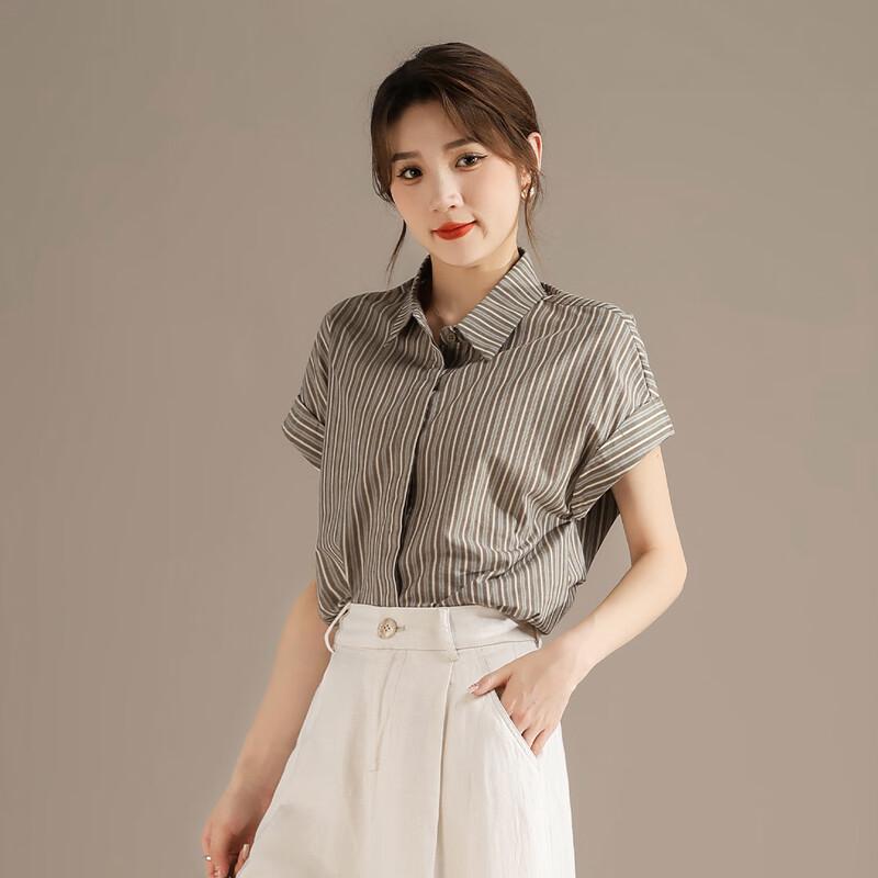 RAIN.CUN Women s Retro Striped Short Sleeve Blouse XL