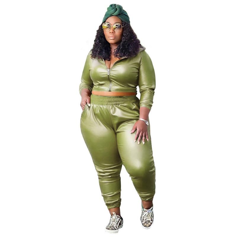 Damen Große Größen Mode Lässig Einfarbig PU-Leder Zweiteiliges Hosen-Set