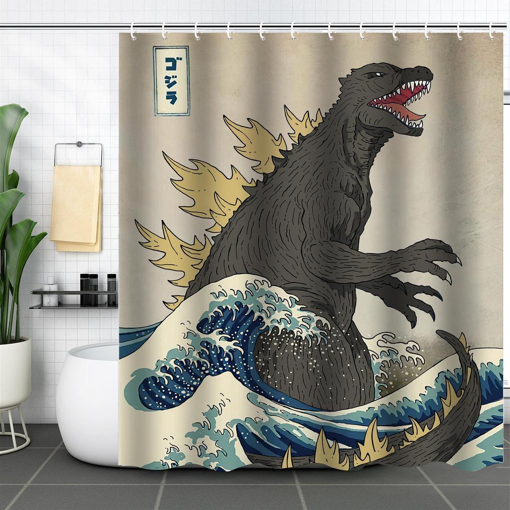Waterproof Curtain With Mildewproof Shower Sea Wave Dinosaur Whale And Cat Print