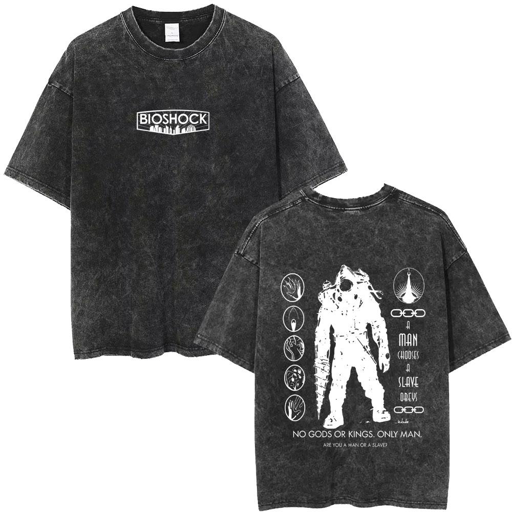 Classic Shooting Game Bioshock Vintage Washed T-shirt Hip Hop Oversized T Shirt Gothic Rock T-shirts Streetwear Unisex