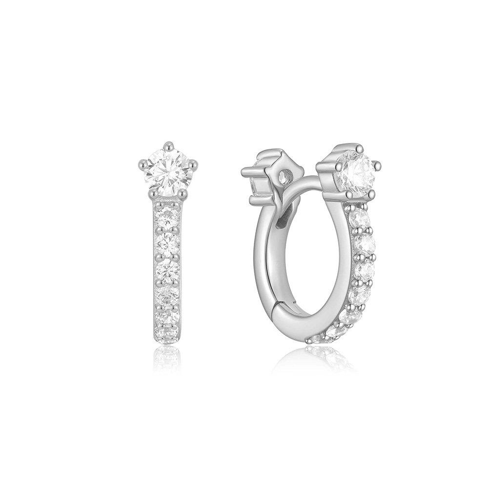 Silver Sparkling Pave Huggie Hoop Earrings 925 Silver E066-04H