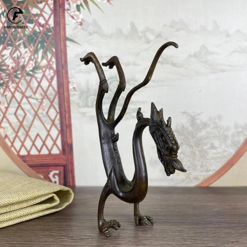 Antique Copper Chinese Dragon Statue Small Ornament Vintage Metal Beast Figurines Desk Decorations Accessories Home Decor Crafts