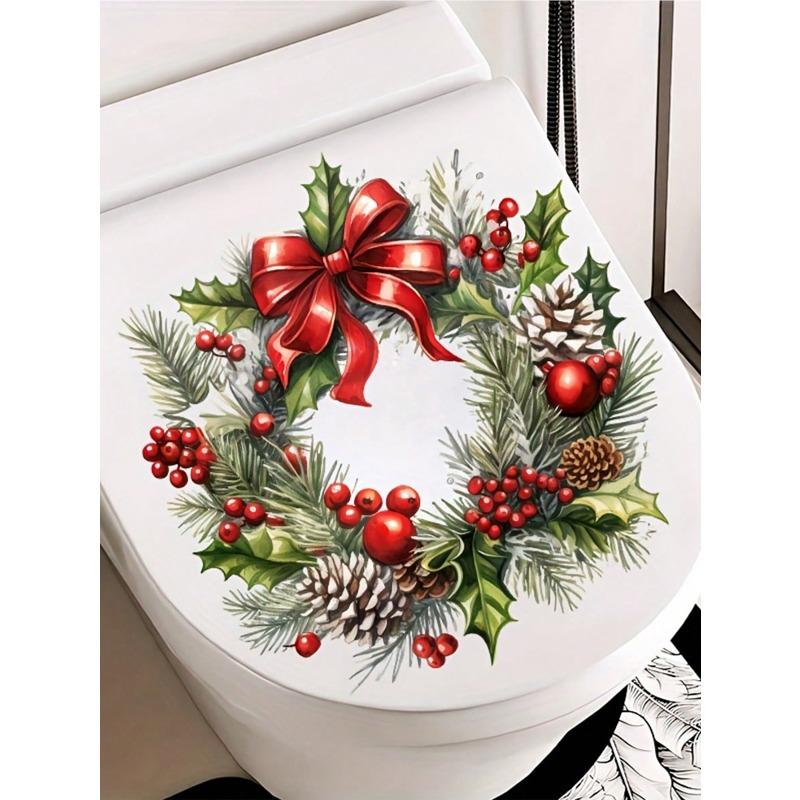 Christmas Festive Toilet Lid Decal With Pine Garland Berries And Baubles Christmas Series Toilet Stickers PVC Self-Adhesive Christmas Wreath Stic
