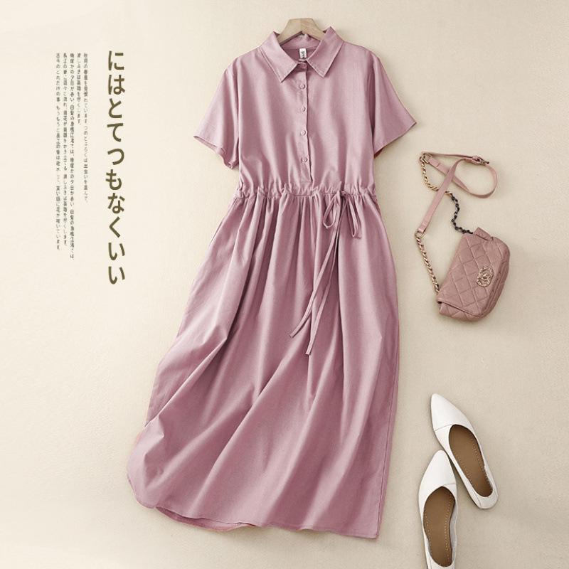 Xinxing 2025 Summer Cotton Linen Retro Short Sleeve Mid-Length Shirt Dress for Women