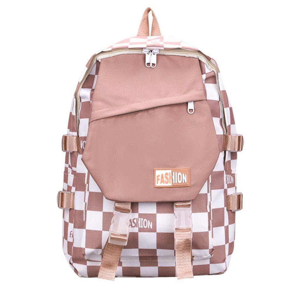 

Multi-pocket Plaid Pattern Backpack Nylon Students School Bags Unisex рожевий