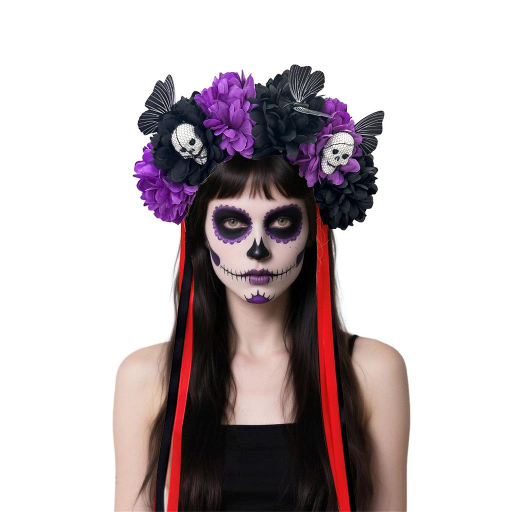 Reusable Practical Plastic Skull Headband And Simulated Floral Decors Costume Headband For Halloween Theme Parties