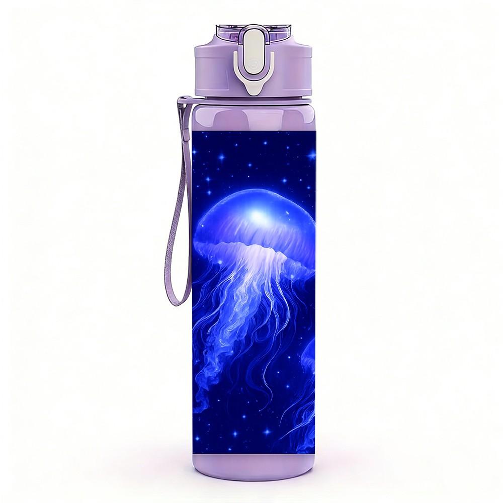 1PC Dark Blue Glowing Jellyfish Ocean Print 750ml Color Plastic Sports Water Bottle Leakproof Flip Straw Lid Suitable for Sports Office Home Use