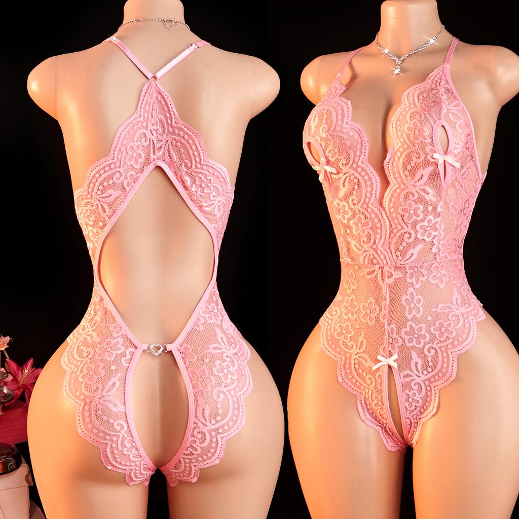 Sexy Lingerie For Women Erotic Bodysuit Crotchless Hollow Lace Bow Underwear Babydoll Transparent Outfit Wedding Honeymoon Dress