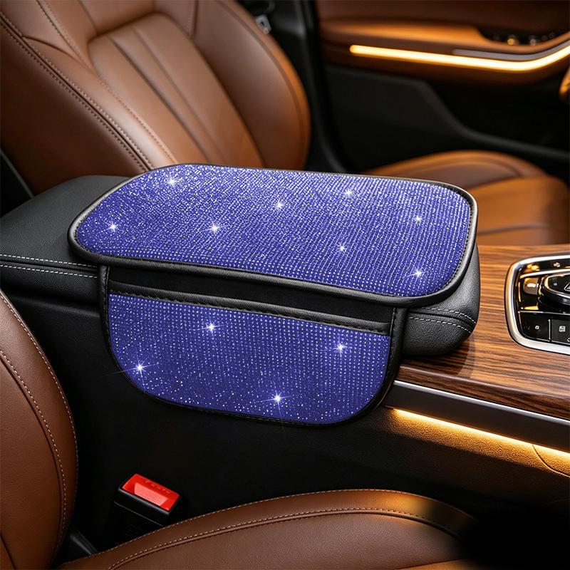 Bling Car Armrest Box Cushion With Side Phone Pocket Rhinestones Auto Center Console Protector Pad For Women Interior Accessorie