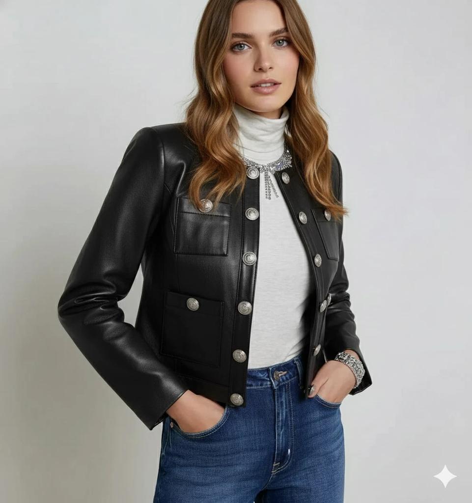 Stylish Casual Handmade Women's Black Lambskin Leather Jacket Genuine Trucker
