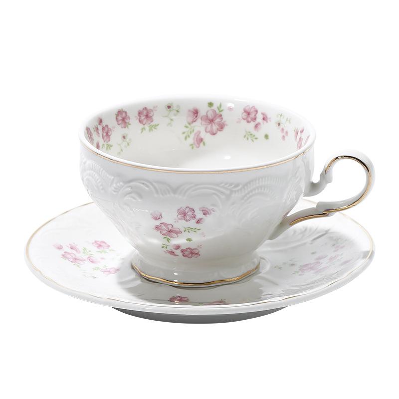 

Французька ретро рельєфна чашка для кави з блюдцем з квітами сакури, вишукана, легка розкіш, з золотим обідком, керамічна чашка з квітами, транскордонна чашка для чаю для післяобіднього чаю 220ml