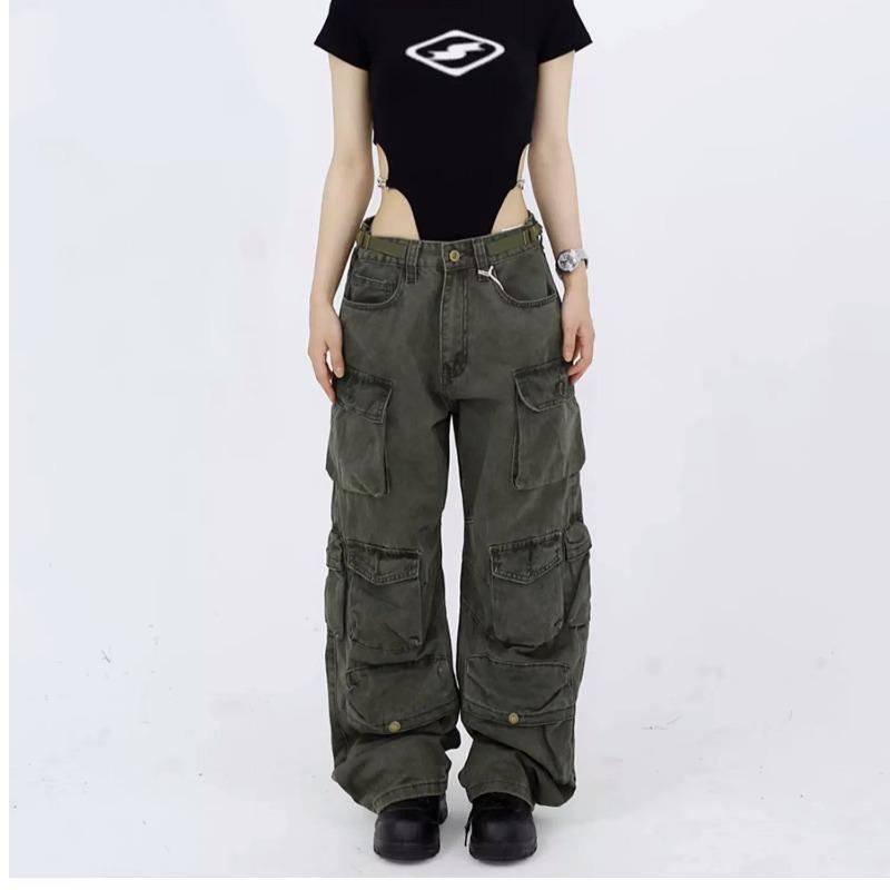 

Лето 2023 г. Женский комбинезон в стиле ретро с высокой талией — маленький размер, широкие штанины, повседневный уличный стиль 2XL зелёный