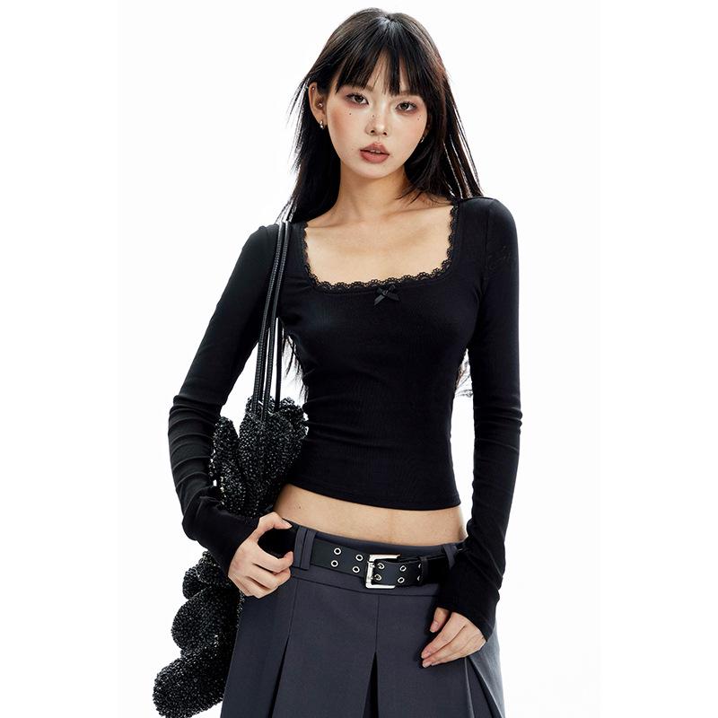 

Женский топ с квадратным вырезом, длинными рукавами и кружевной отделкой, облегающего кроя, для осени/зимы S чёрный