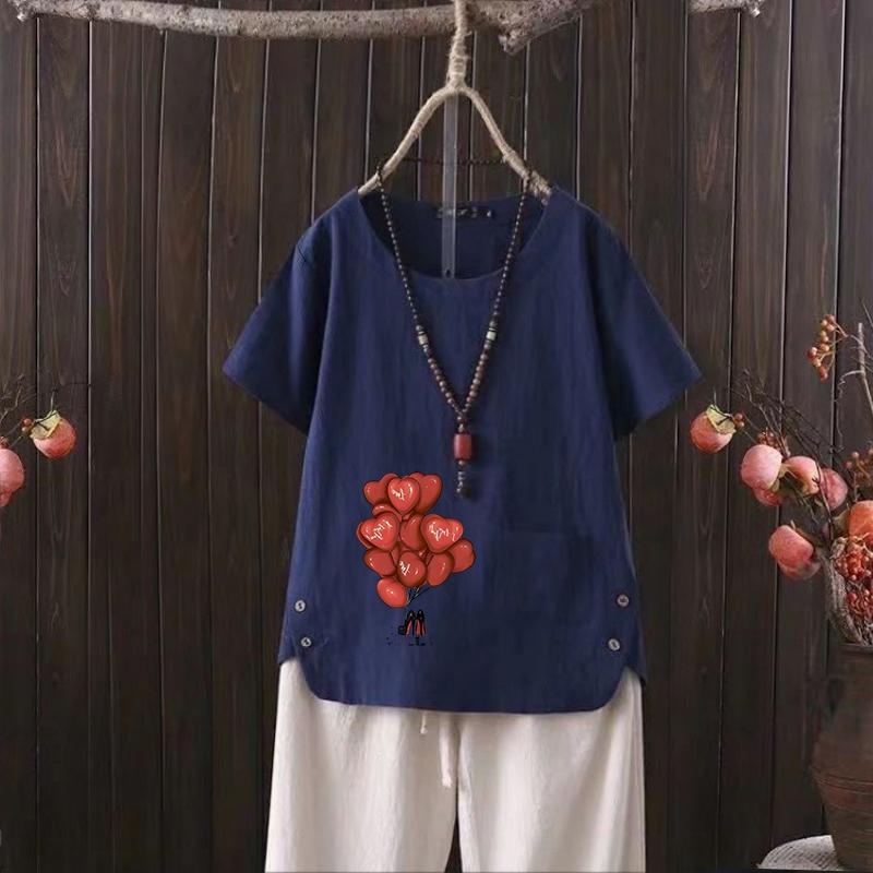 

Футболка из хлопка и конопли с принтом Nordic Balloon Series и V-образным вырезом для женщин - лето 2025 г. 4XL темно-синий