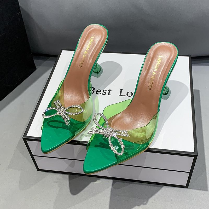 European Style Crystal Bow Tie Strap High Heels For Women With Pvc Upper And Rubber Sole
