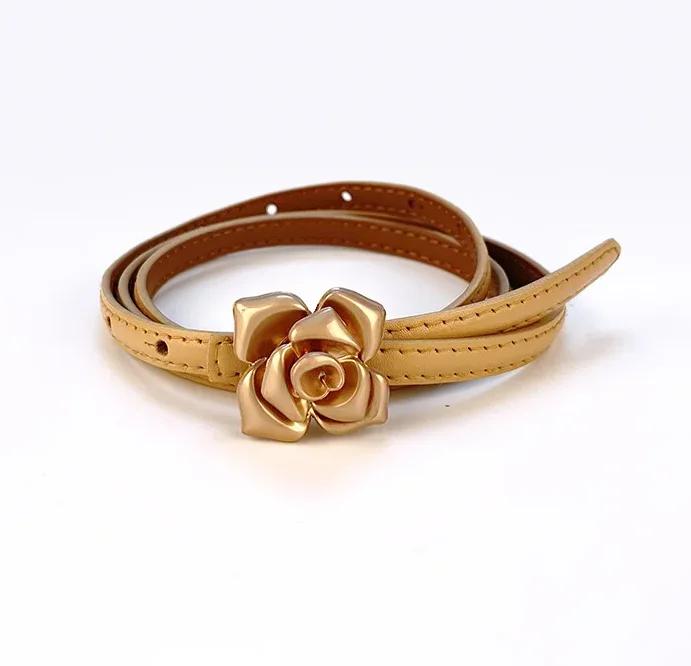 1.0cm New Unique Rose Genuine Leather Gold Belt Women Fashion Cowskin Flower Thin Belts Female Jeans Dress Waistband
