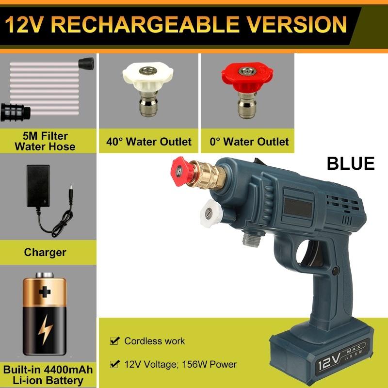 

Беспроводная мойка высокого давления для автомобиля, ручной электрический водяной пистолет, мощная садовая водяная струя, аккумуляторная 12В/24В 120-200Вт 12V Blue