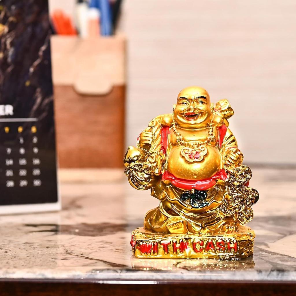 Einzugsgeschenke – Feng Shui Lachender Buddha mit Geldsack Figur | 9,5 cm Statue für Glück, Freude und Wohlstand