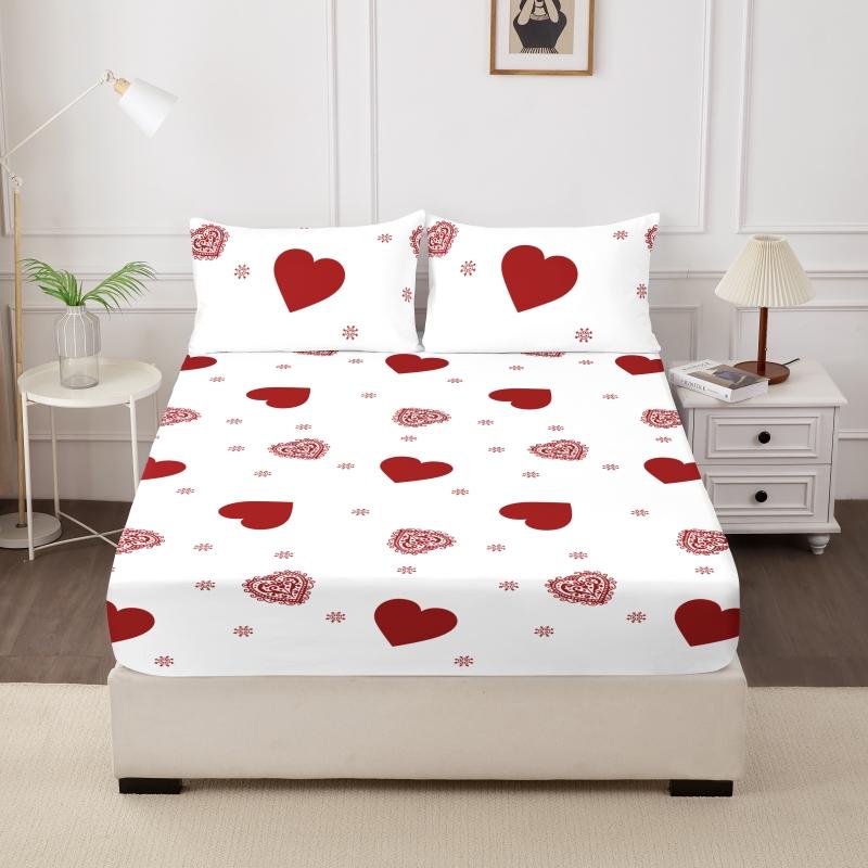 King Queen Size Printed Brushed Love Design Bed Sheet Comfortable Fitted Sheet Cover Quilt Protector Not Including Pillowcases