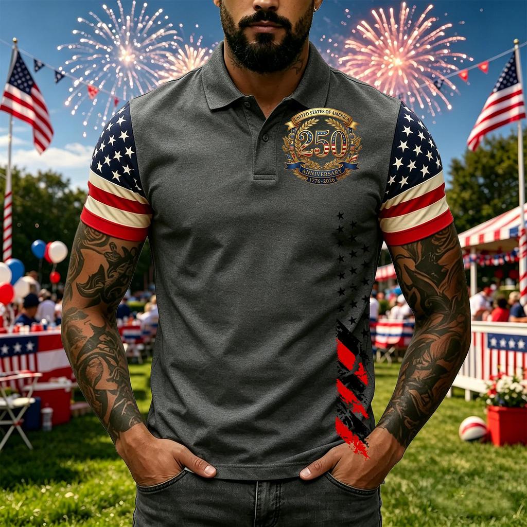 Men's Short Sleeve Polo Shirt with Independence Day Print Casual Fit Button Down Collar Top for Everyday Wear