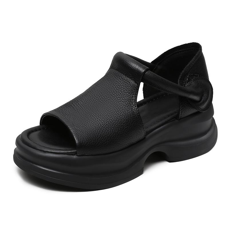 Johnature Scarpe da Donna in Vera Pelle con Suola Spessa Peep Toe Retro Sandali con Zeppa Comodi