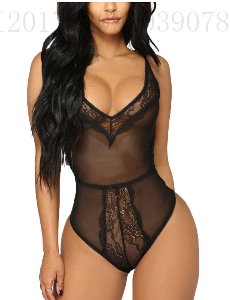 2024 popular large-size sexy lace mesh perspective neck-hanging one-piece erotic underwear