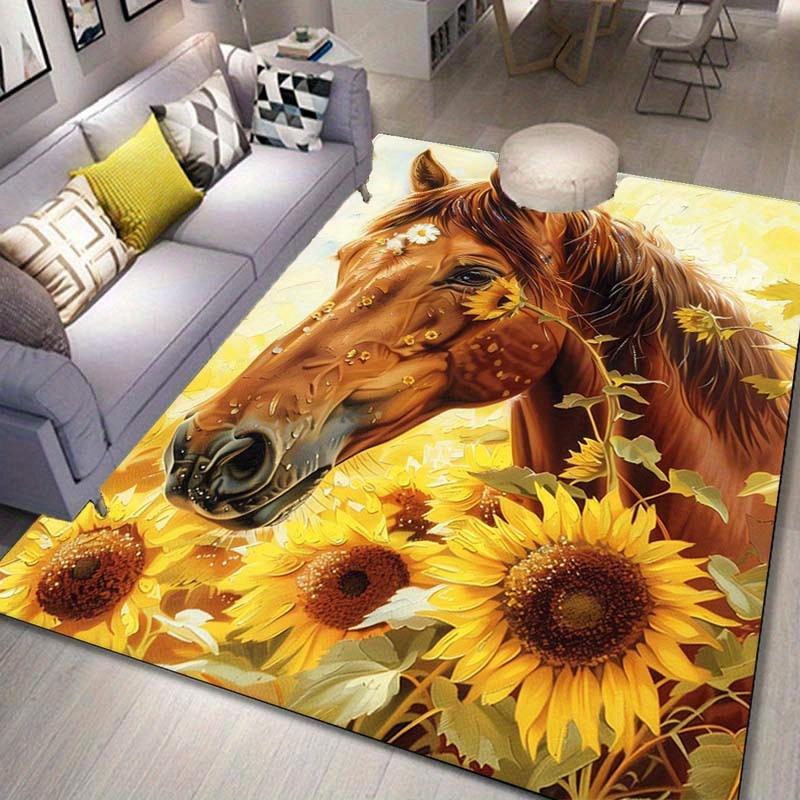 Sunflower Horse Rug: Cozy Living Room DecorUnique Animal Art Carpet for Home Décor Lovers Anti slip carpet can be machine washed