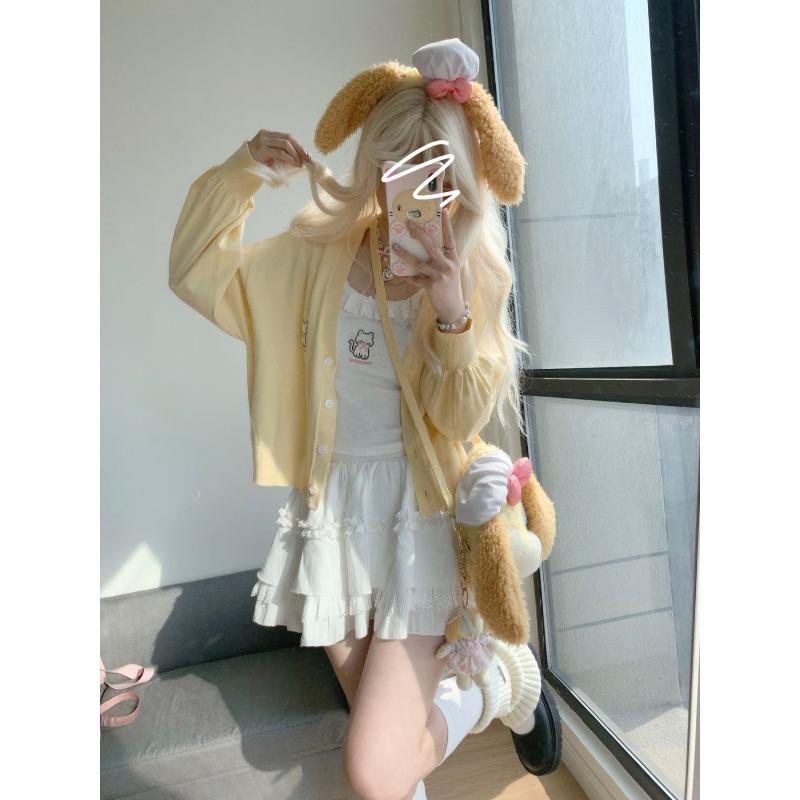 Kawaii Cat Embroidery Tank Tops Women Coquette Aesthetic Cute Crop Tops Harajuku Y2k Sweet Girl White Halter Top Summer