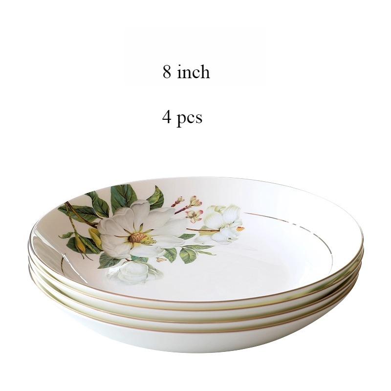 

8-дюймовая тарелка из тонкого костяного фарфора класса люкс с золотой каймой - Фарфоровая тарелка Камелия , круглая, глубокая, элегантная посуда для дома или вечеринки 4pcs