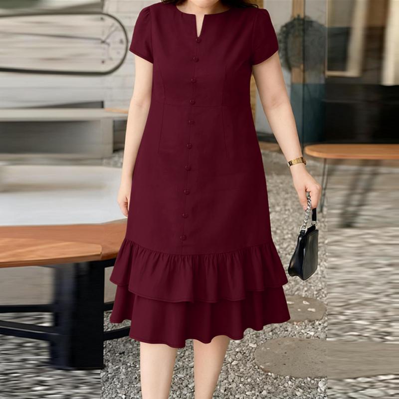 

ZANZEA Women Casual V-Neck Short Sleeve Ruffles Hem Dress 5XL вина червоного кольору